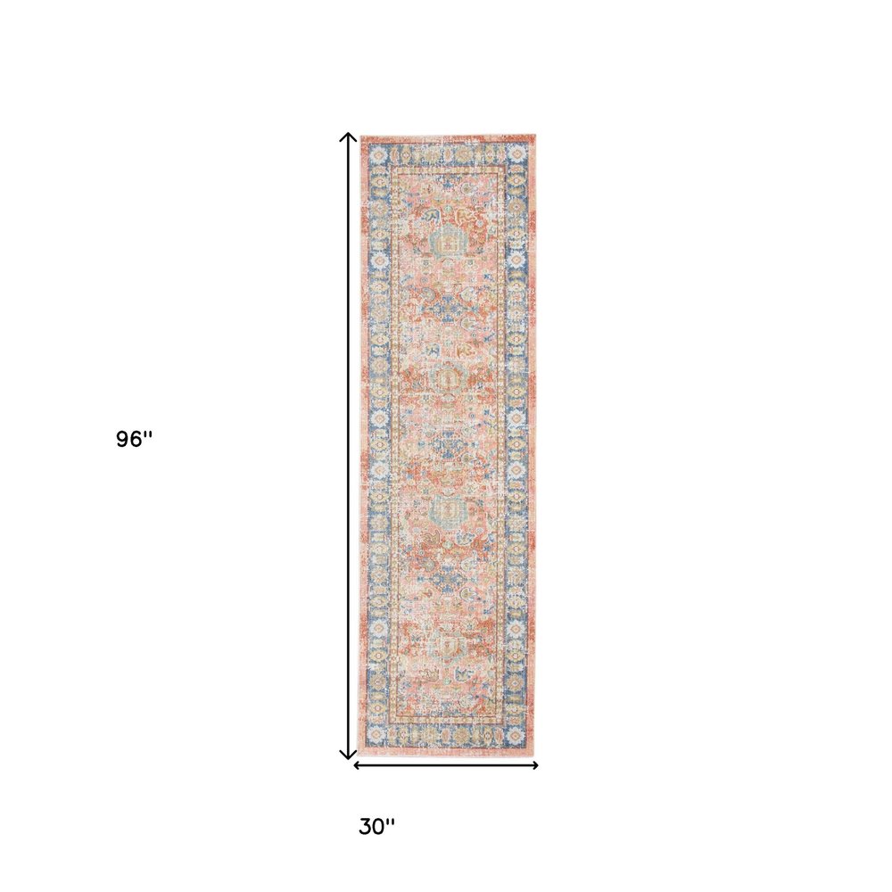 9' X 13' Coral And Blue Oriental Area Rug
