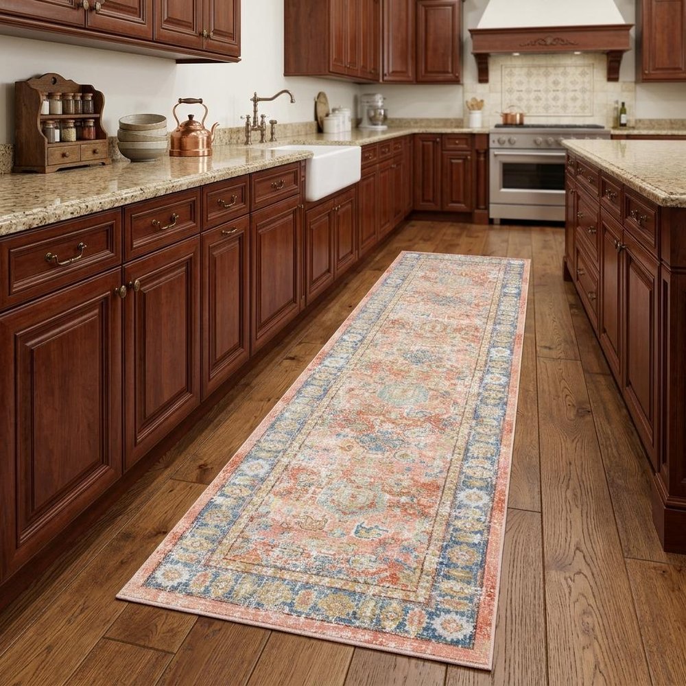 9' X 13' Coral And Blue Oriental Area Rug