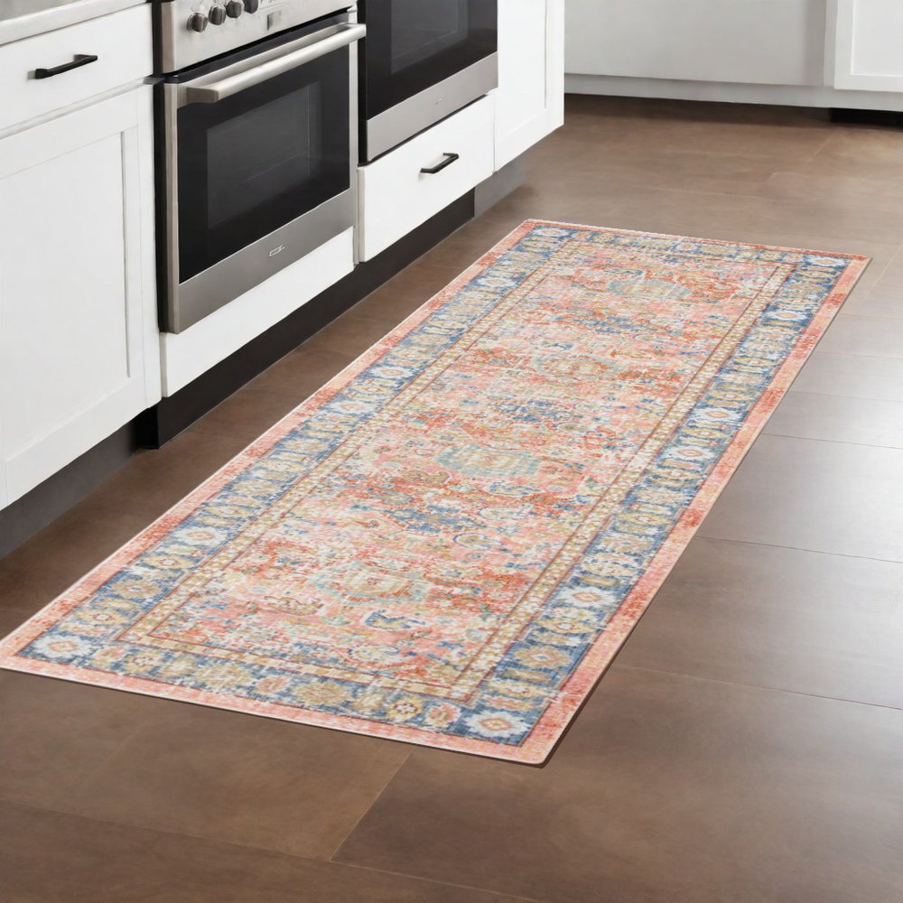 8' Coral And Blue Oriental Runner Rug
