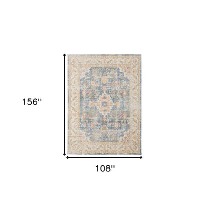 9' X 13' Blue Gold and Orange Floral Power Loom Area Rug