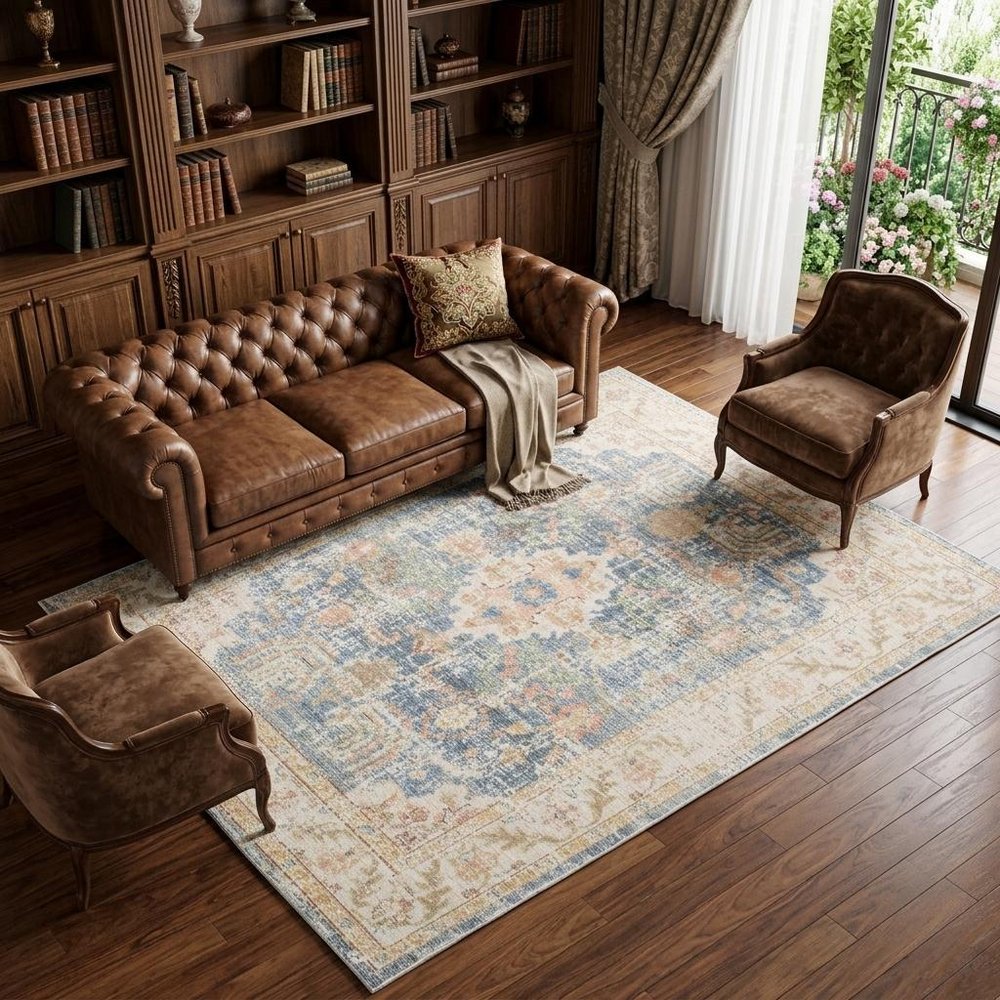 9' X 13' Coral And Blue Floral Area Rug