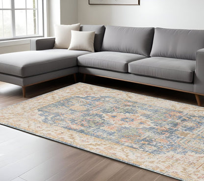 9' X 13' Coral And Blue Floral Area Rug