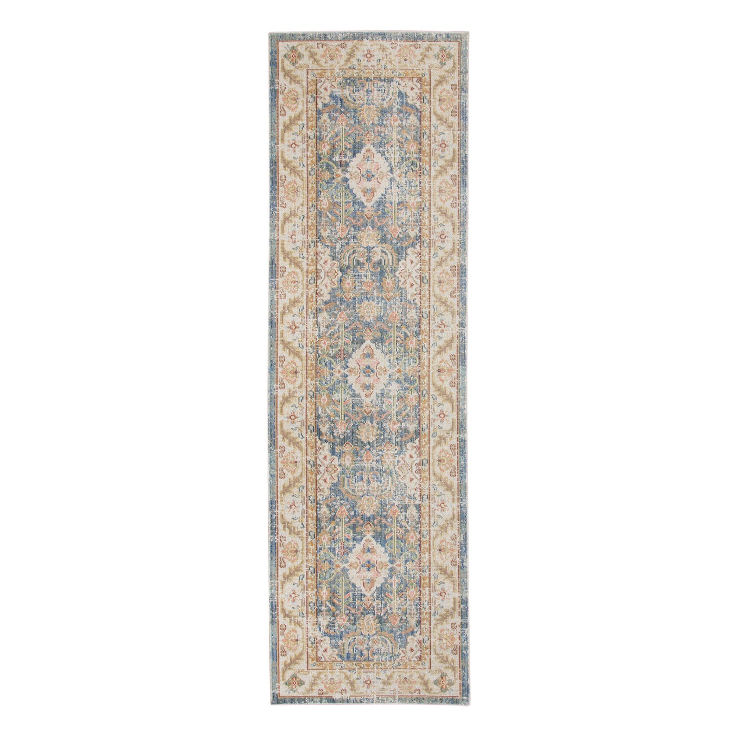 9' X 13' Blue Gold and Orange Floral Power Loom Area Rug