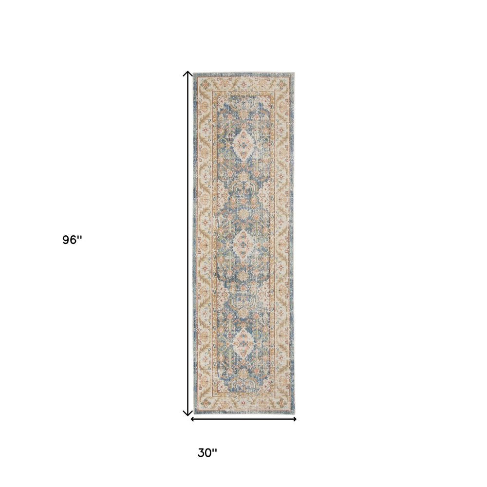 9' X 13' Coral And Blue Floral Area Rug