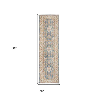 9' X 13' Blue Gold and Orange Floral Power Loom Area Rug