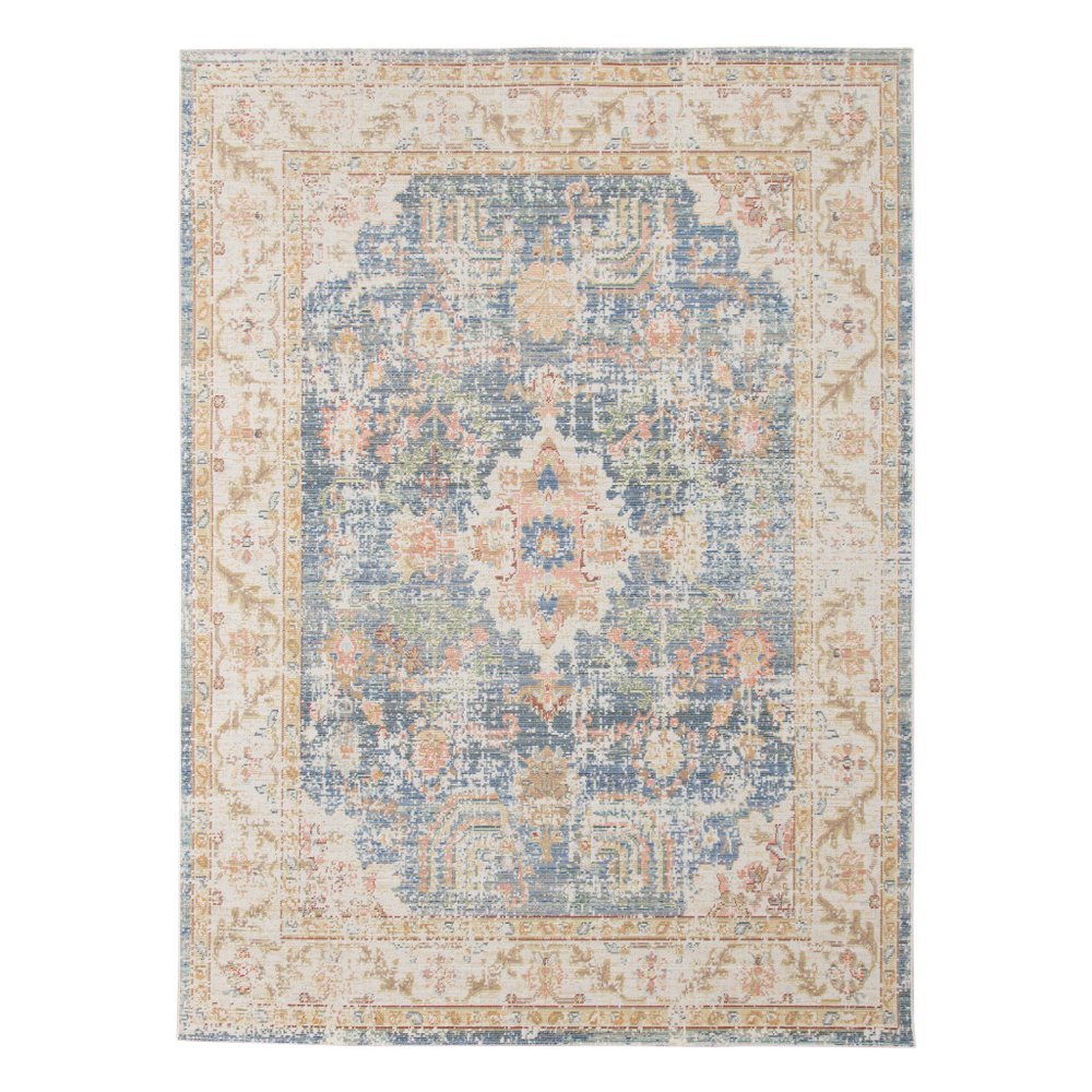 9' X 13' Coral And Blue Floral Area Rug