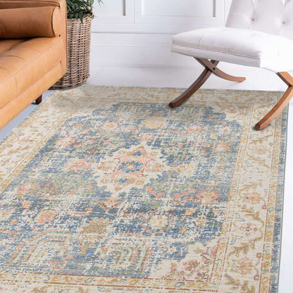 9' X 13' Blue Gold and Orange Floral Power Loom Area Rug