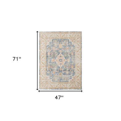 9' X 13' Blue Gold and Orange Floral Power Loom Area Rug