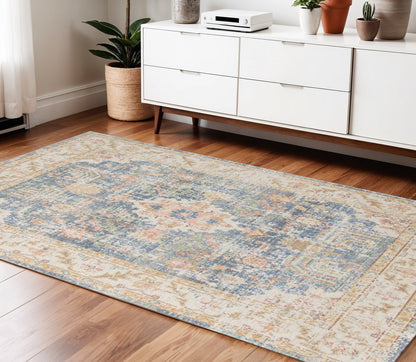 9' X 13' Coral And Blue Floral Area Rug