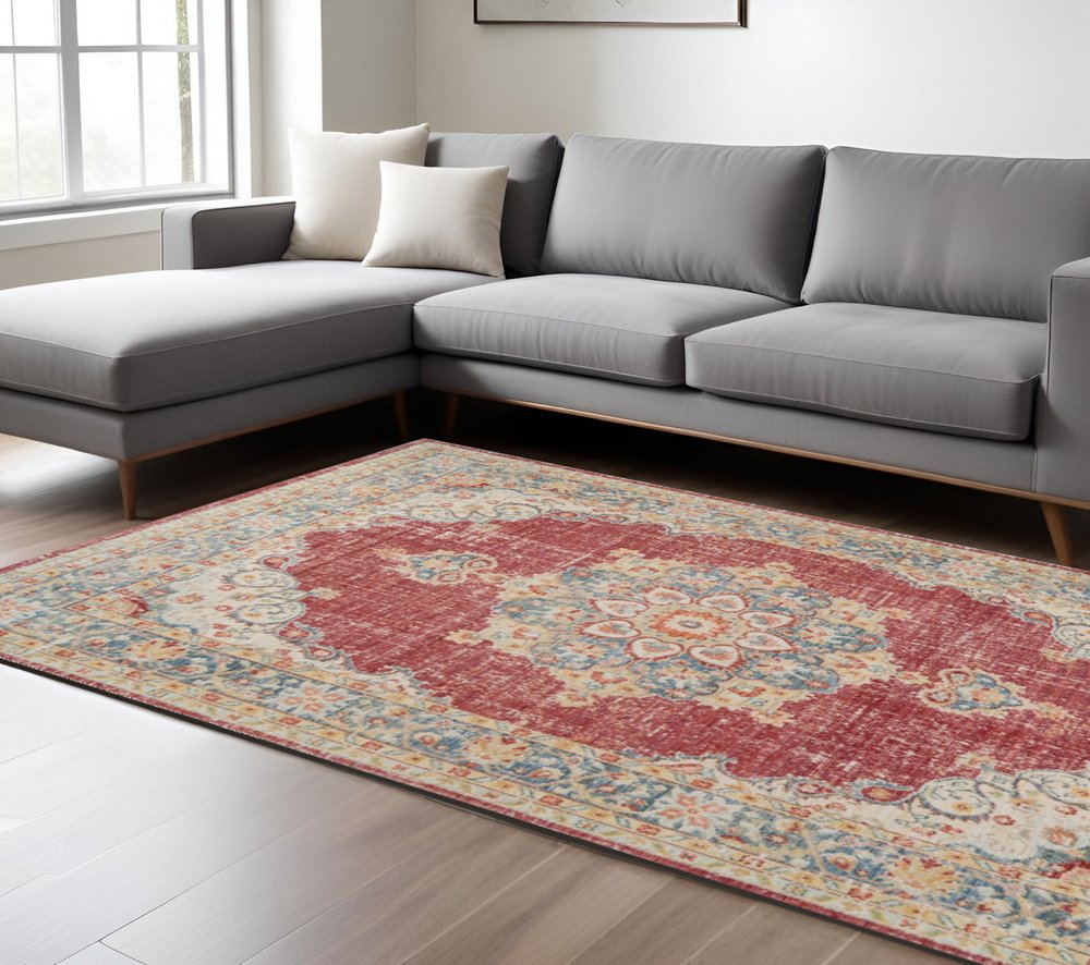9' X 13' Ivory Red And Blue Medallion Area Rug