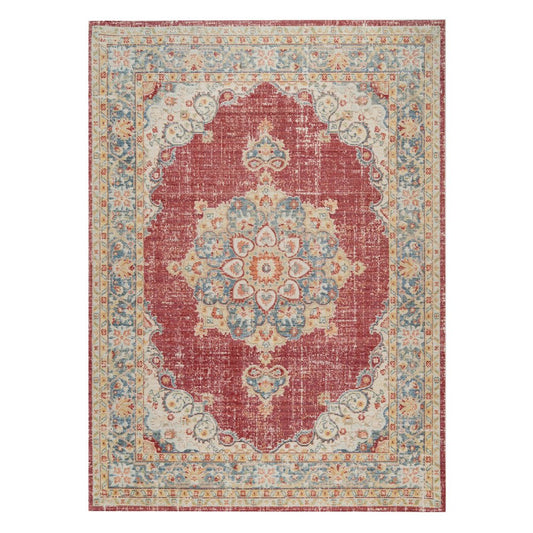 9' X 13' Ivory Red And Blue Medallion Area Rug