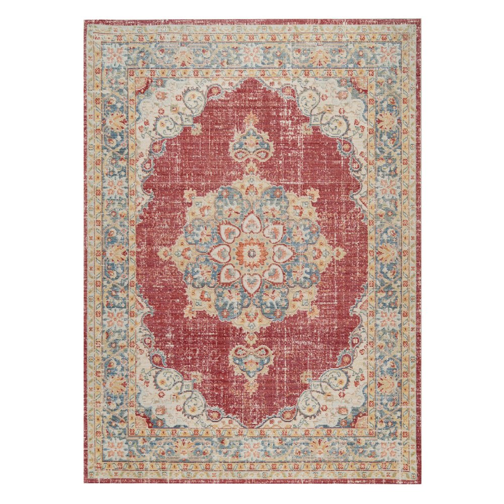 9' X 13' Ivory Red And Blue Medallion Area Rug