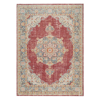 9' X 13' Ivory Red And Blue Medallion Area Rug