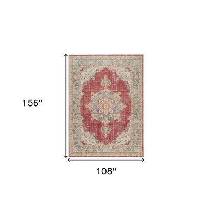 9' X 13' Ivory Red And Blue Medallion Area Rug