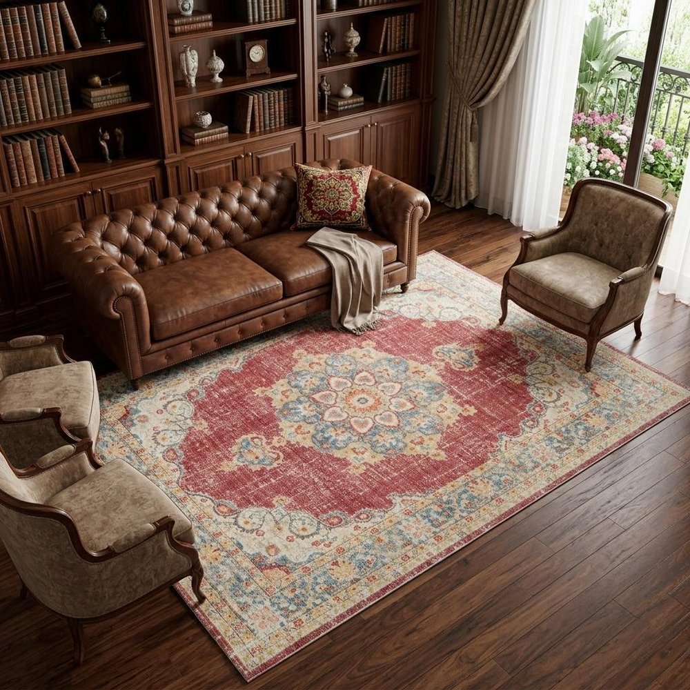 9' X 13' Ivory Red And Blue Medallion Area Rug