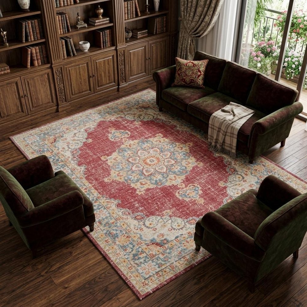 9' X 13' Ivory Red And Blue Medallion Area Rug
