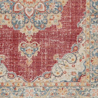 9' X 13' Ivory Red And Blue Medallion Area Rug