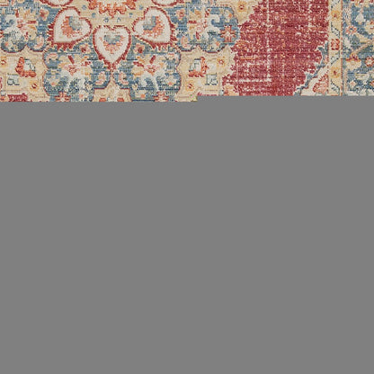 9' X 13' Ivory Red And Blue Medallion Area Rug