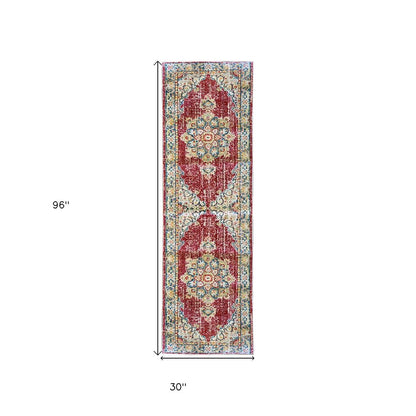 9' X 13' Ivory Red And Blue Medallion Area Rug