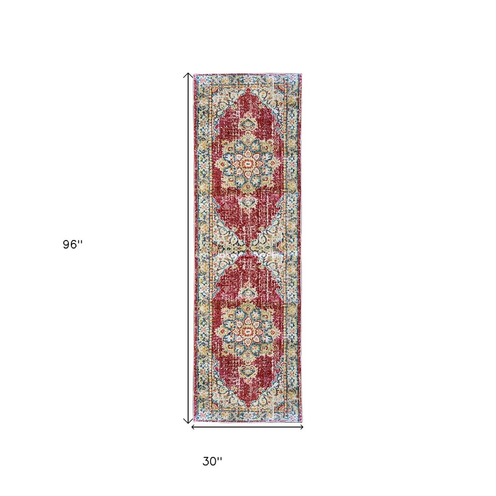 9' X 13' Ivory Red And Blue Medallion Area Rug