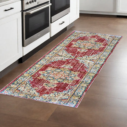 9' X 13' Ivory Red And Blue Medallion Area Rug