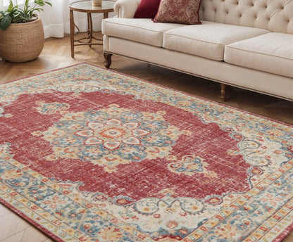 9' X 13' Ivory Red And Blue Medallion Area Rug