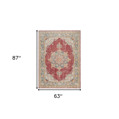9' X 13' Ivory Red And Blue Medallion Area Rug