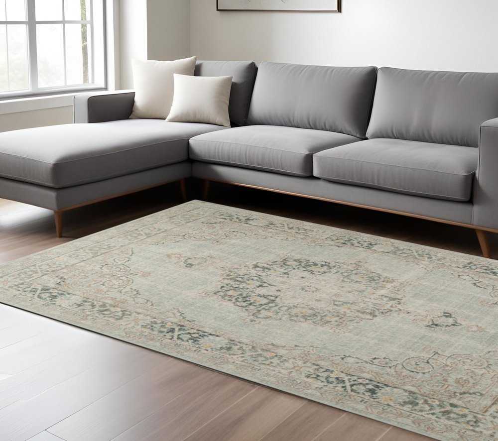 9' X 13' Tan And Light Green Medallion Area Rug