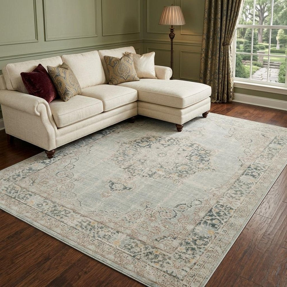 9' X 13' Tan And Light Green Medallion Area Rug