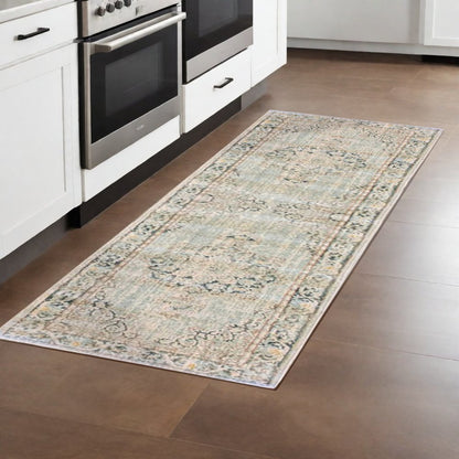 8' Tan And Light Green Medallion Runner Rug