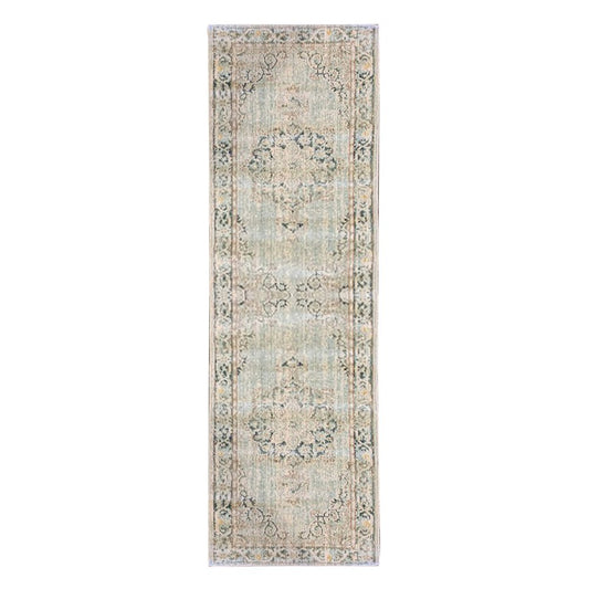 8' Tan And Light Green Medallion Runner Rug