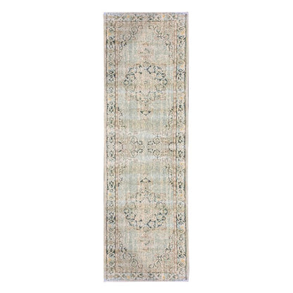 8' Tan And Light Green Medallion Runner Rug
