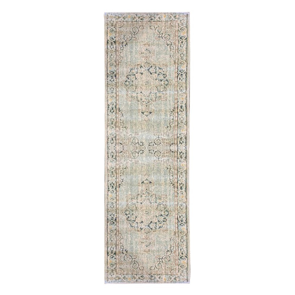 8' Tan And Light Green Medallion Runner Rug