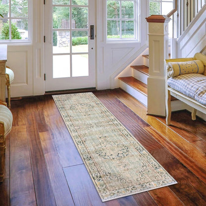 8' Tan And Light Green Medallion Runner Rug