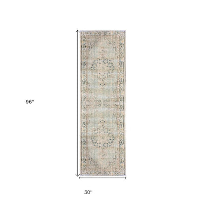 8' Tan And Light Green Medallion Runner Rug