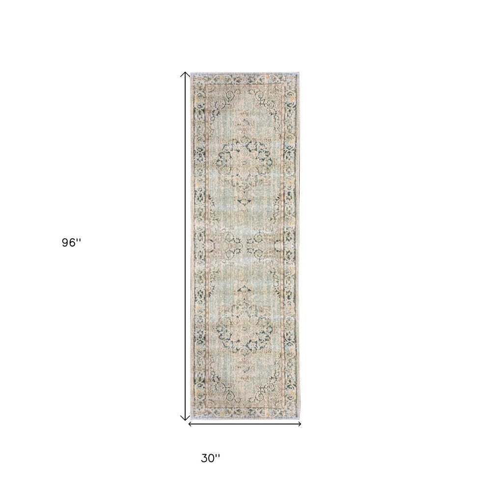 8' Tan And Light Green Medallion Runner Rug