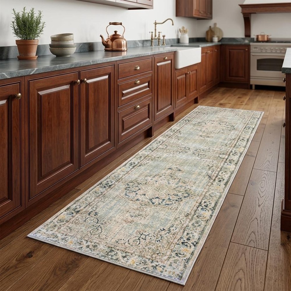 8' Tan And Light Green Medallion Runner Rug