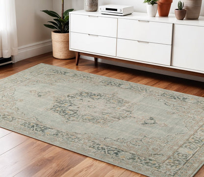 8' Tan And Light Green Medallion Runner Rug