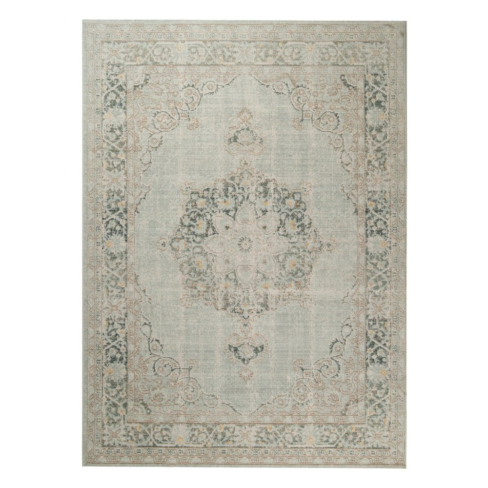 8' Tan And Light Green Medallion Runner Rug