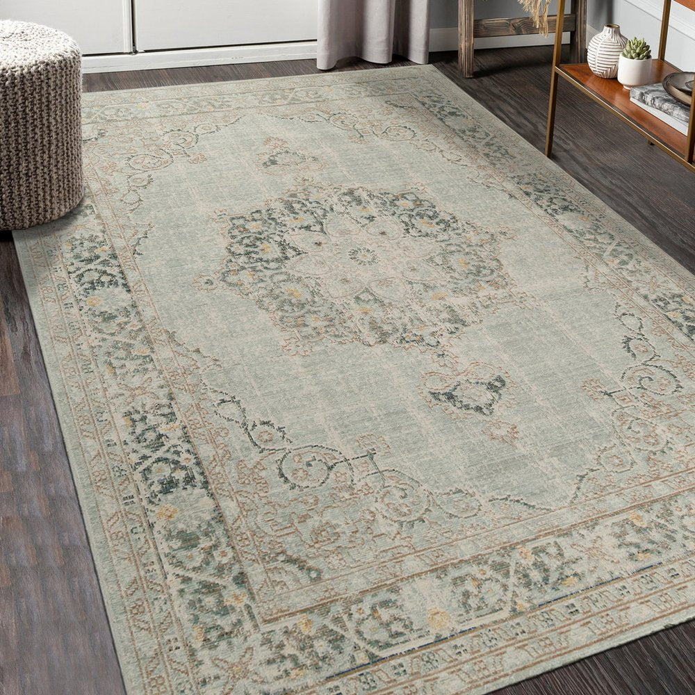 8' Tan And Light Green Medallion Runner Rug