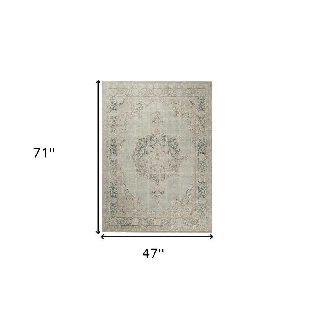 8' Tan And Light Green Medallion Runner Rug