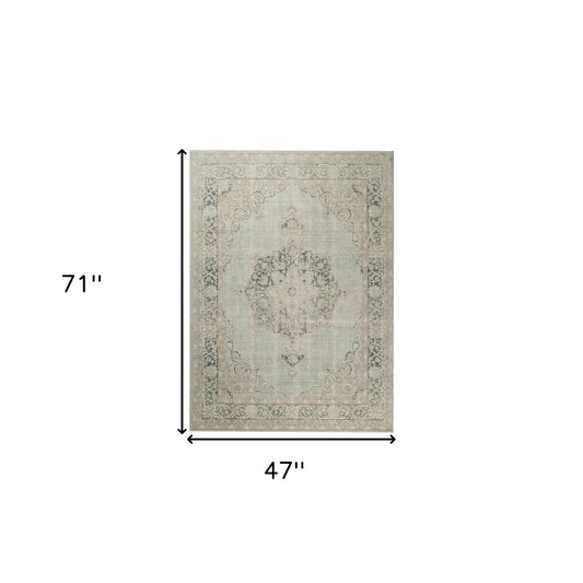 8' Tan And Light Green Medallion Runner Rug
