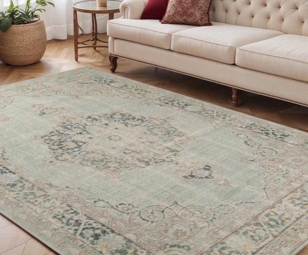8' Tan And Light Green Medallion Runner Rug