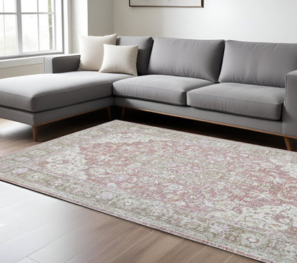 9' X 13' Pink And Gray Medallion Area Rug