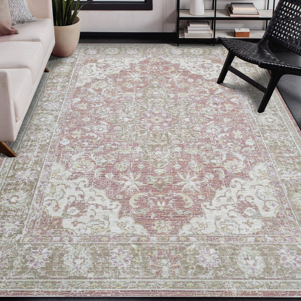 9' X 13' Pink And Gray Medallion Area Rug