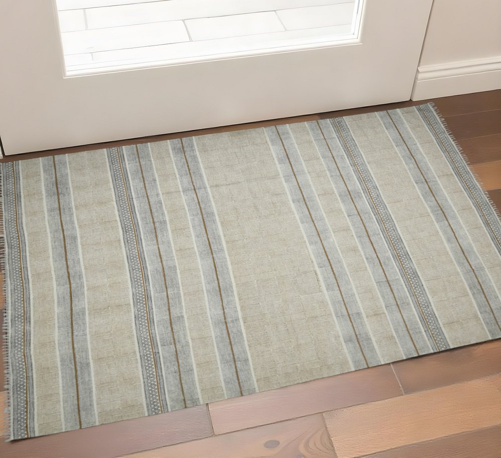 8' Gray And Brown Striped Flatweave Handmade Distressed Runner Rug With Fringe