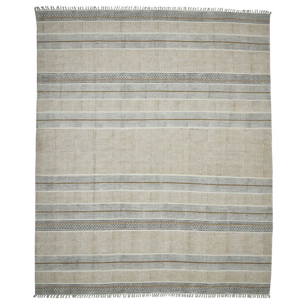 8' Gray And Brown Striped Flatweave Handmade Distressed Runner Rug With Fringe