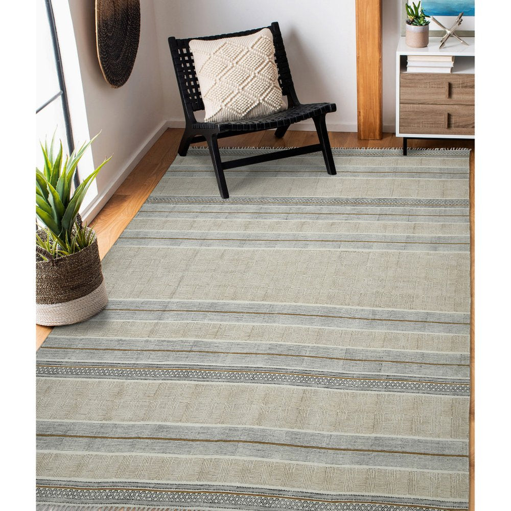 5' X 8' Gray And Brown Striped Flatweave Handmade Distressed Area Rug With Fringe