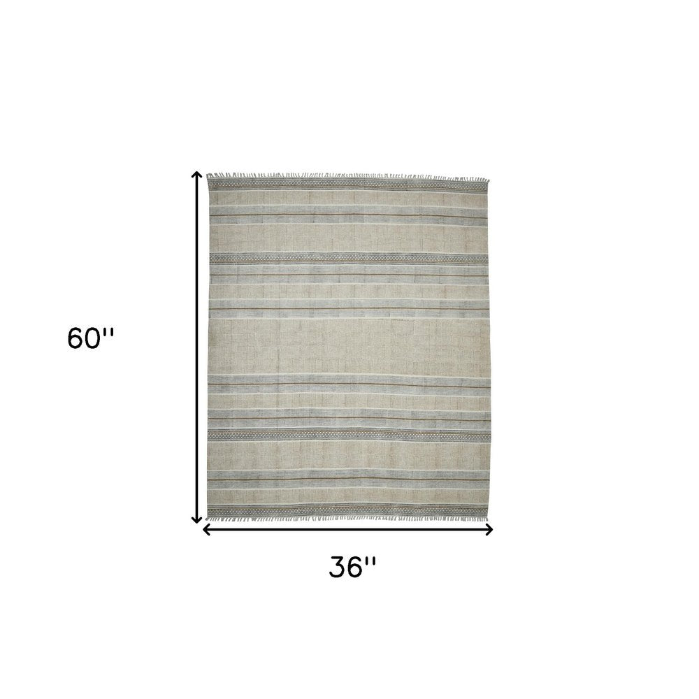 5' X 8' Gray And Brown Striped Flatweave Handmade Distressed Area Rug With Fringe