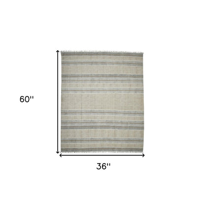 3' X 5' Gray And Brown Striped Flatweave Handmade Distressed Area Rug With Fringe